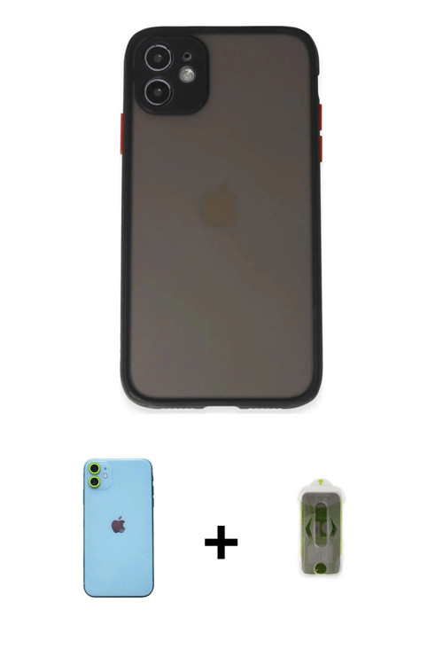 ieg™ iPhone 11 Kılıf Ahenk Çizgi Serisi - Siyah Joko Magic 5D Hayalet Cam + Yeşil Neon Fosforlu Kame