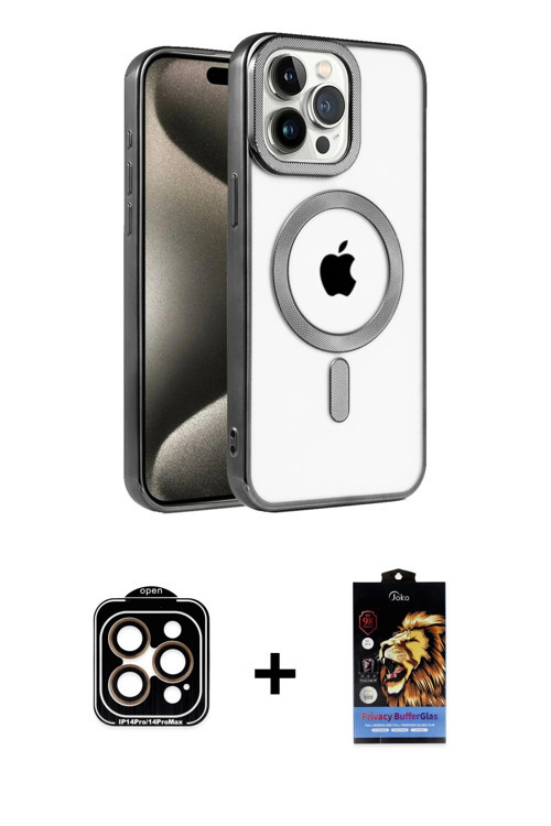 ieg™ iPhone 15 Pro Max Kılıf Eksen Form Koleksiyonu - Siyah Buffer Hayalet Cam Ekran Koruyucu + Turu