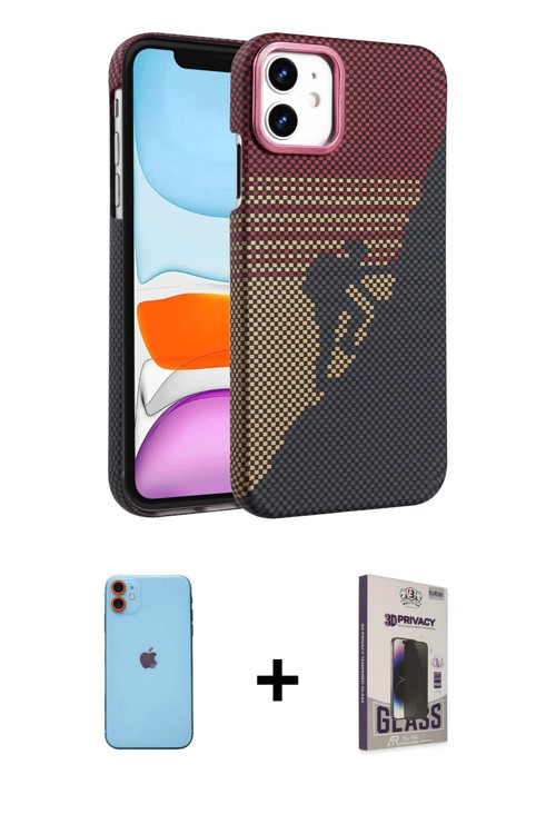 ieg™ iPhone 11 Kılıf Doruk Serisi - Siyah Bilvis Hayalet Cam Ekran Koruyucu + Turuncu Neon Fosforlu