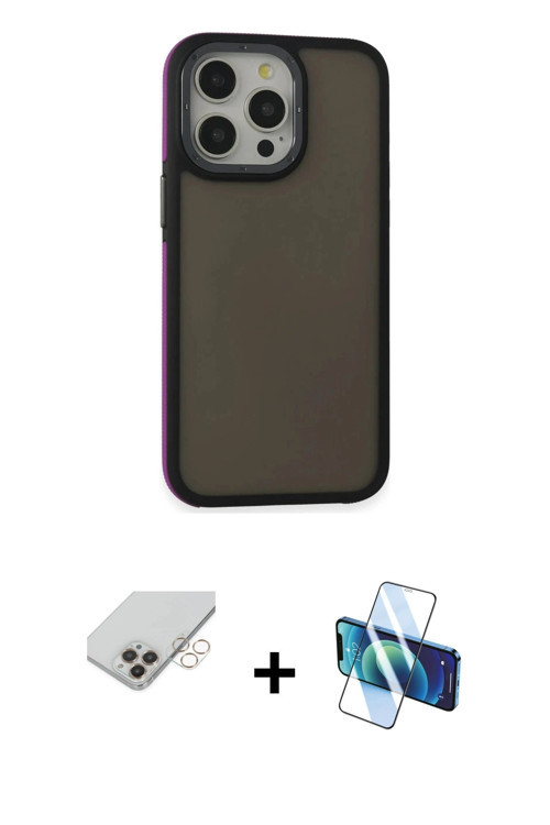ieg™ iPhone 14 Pro Max Kılıf Eksen Işık - Siyah 3D Antistatik Cam Ekran Koruyucu + Gold Band Metal K