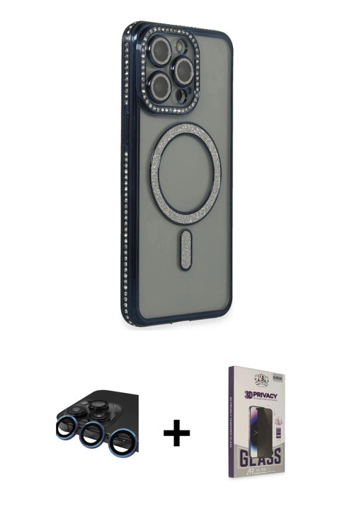 ieg™ iPhone 15 Pro Max Kılıf Zirve Doku Prime - Siyah Bilvis Hayalet Cam Ekran Koruyucu + Lacivert R