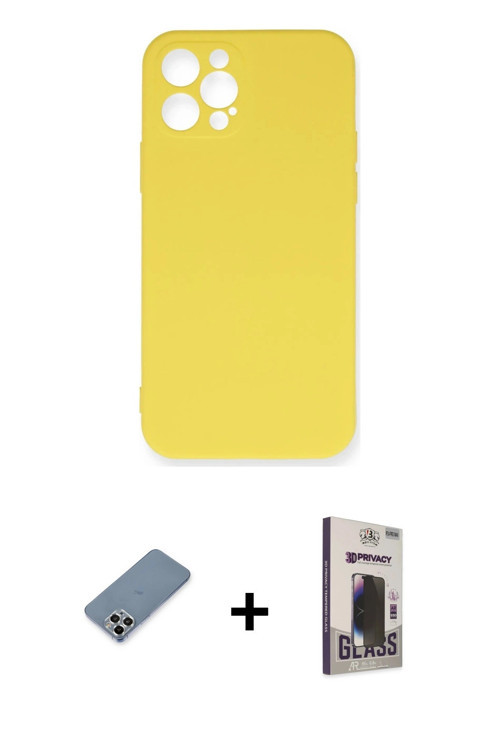 ieg™ iPhone 12 Pro Max Kılıf Ahenk Serisi - Siyah Bilvis Hayalet Cam Ekran Koruyucu + Gümüş Metal Ka