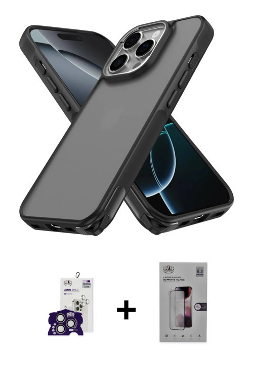ieg™ iPhone 16 Pro Max Kılıf Atlas Form - Siyah Bilvis 3D Mat Cam Ekran Koruyucu + Titanyum Gri Bilv