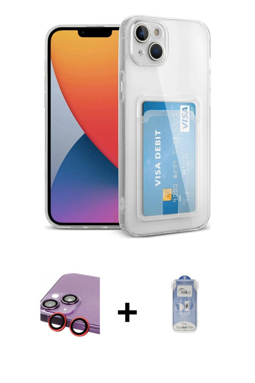 ieg™ iPhone 14 Kılıf Doruk Klasik Koleksiyonu - Siyah Joko Magic 5D Cam + Kırmızı Raze Metal Kamera