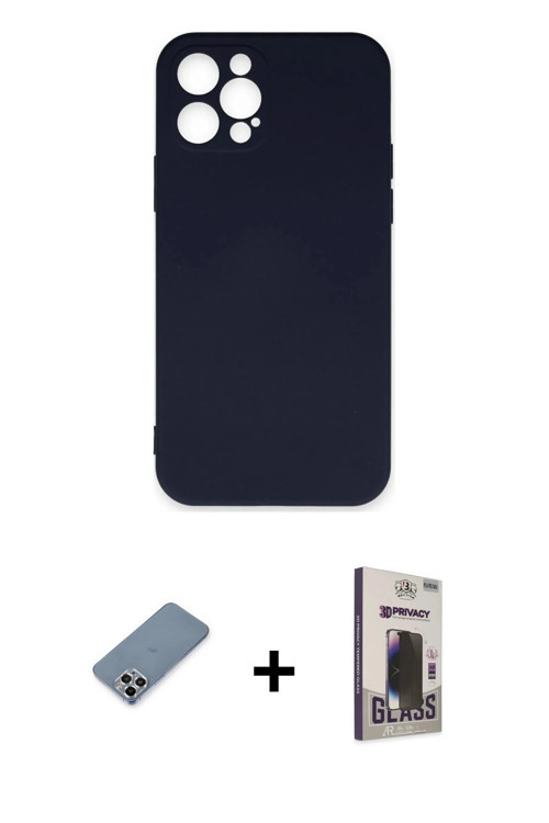 ieg™ iPhone 12 Pro Max Kılıf Ahenk Serisi - Siyah Bilvis Hayalet Cam Ekran Koruyucu + Gümüş Metal Ka