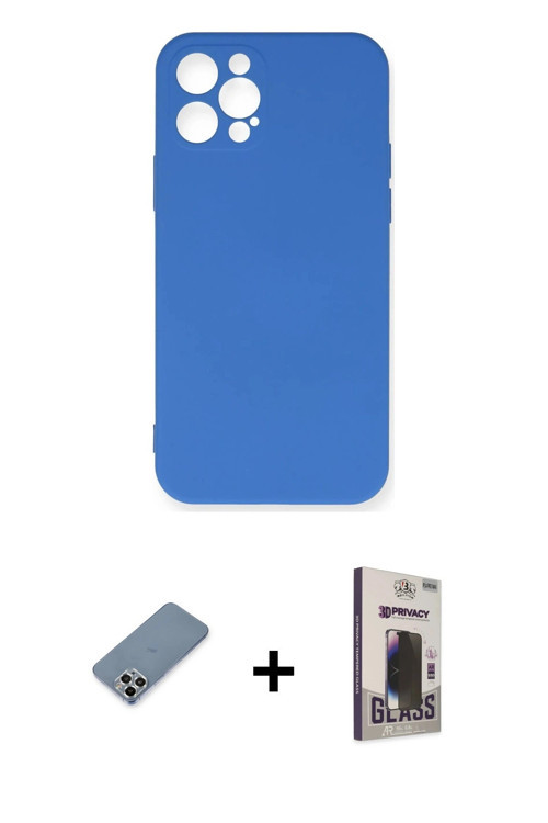ieg™ iPhone 12 Pro Max Kılıf Ahenk Serisi - Siyah Bilvis Hayalet Cam Ekran Koruyucu + Gümüş Metal Ka