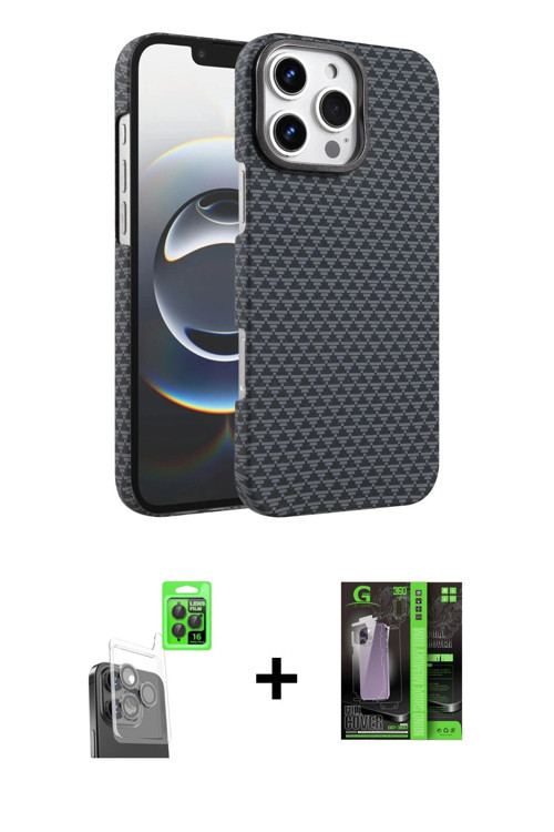 ieg™ iPhone 16 Pro Max Kılıf Doruk Serisi - Şeffaf 360 Full Body Arka Koruyucu + Siyah Raze Metal Ka