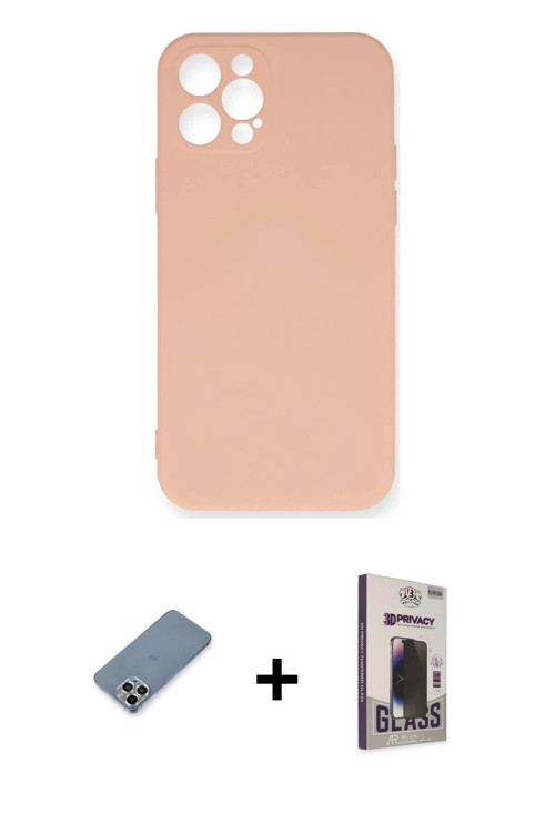 ieg™ iPhone 12 Pro Max Kılıf Ahenk Serisi - Siyah Bilvis Hayalet Cam Ekran Koruyucu + Gümüş Metal Ka