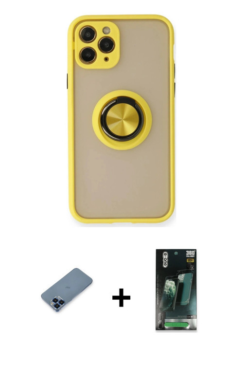 ieg™ iPhone 11 Pro Max Kılıf Yörünge Çizgi - Şeffaf 360 Full Body Arka Koruyucu + Mavi Metal Kamera