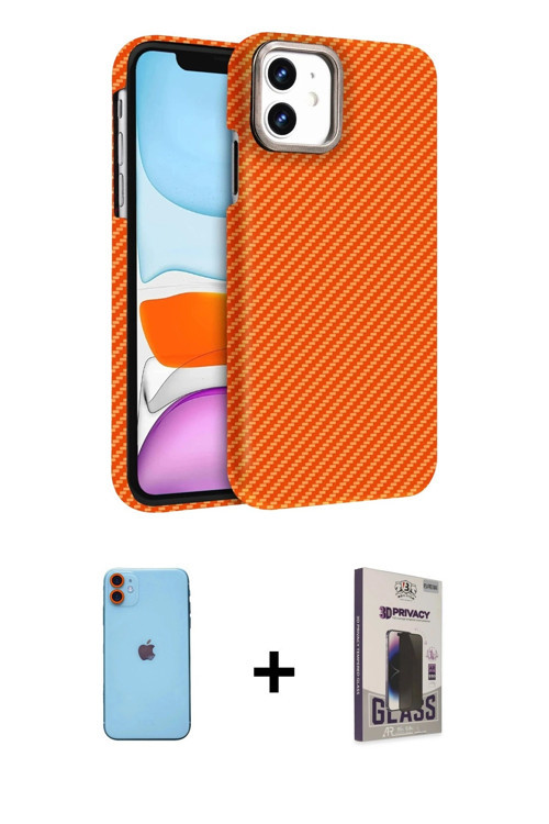 ieg™ iPhone 11 Kılıf Doruk Serisi - Siyah Bilvis Hayalet Cam Ekran Koruyucu + Turuncu Neon Fosforlu