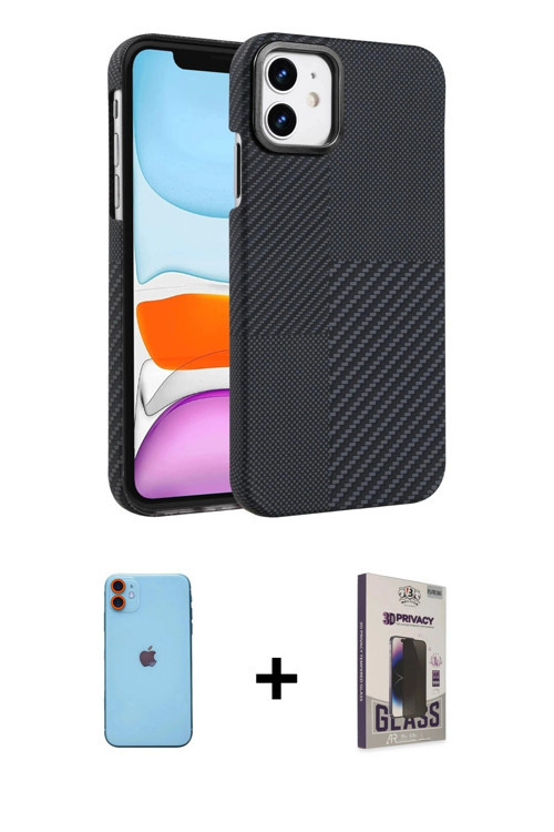 ieg™ iPhone 11 Kılıf Doruk Serisi - Siyah Bilvis Hayalet Cam Ekran Koruyucu + Turuncu Neon Fosforlu