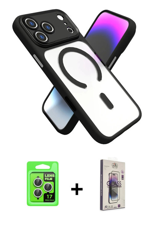 ieg™ iPhone 17 Pro Kılıf Nova Yansıma Serisi - Siyah Bilvis 3D Cam Ekran Koruyucu + Gümüş Raze Metal