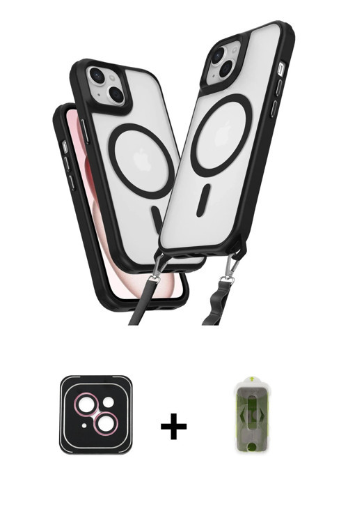 ieg™ iPhone 14 Kılıf Atlas Doku Koleksiyonu - Siyah Joko Magic 5D Hayalet Cam + Pembe PVD Metal Kame