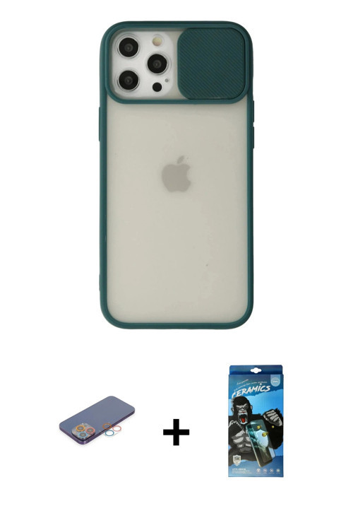 ieg™ iPhone 12 Pro Max Kılıf Vadi Çizgi - Siyah 34D Izgaralı Cam + Pembe Renkli Kamera Lens Koruma C