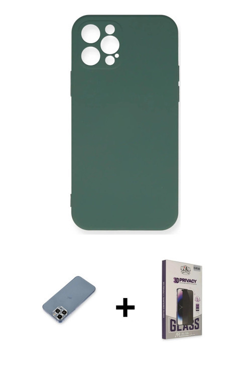 ieg™ iPhone 12 Pro Max Kılıf Ahenk Serisi - Siyah Bilvis Hayalet Cam Ekran Koruyucu + Gümüş Metal Ka