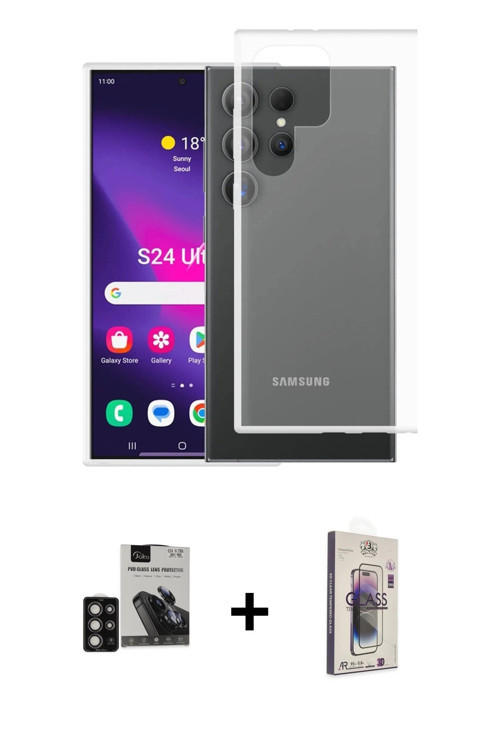 ieg™ Galaxy S24 Ultra Kılıf Zirve Doku - Siyah Bilvis 3D Cam Ekran Koruyucu + Derin Mor PVD Metal Ka