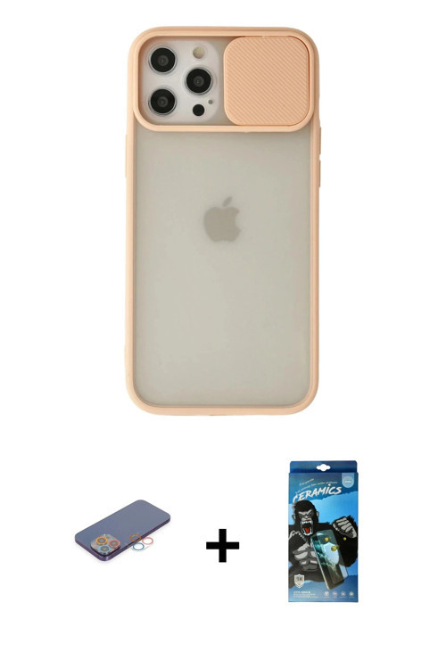 ieg™ iPhone 12 Pro Max Kılıf Vadi Çizgi - Siyah 34D Izgaralı Cam + Pembe Renkli Kamera Lens Koruma C