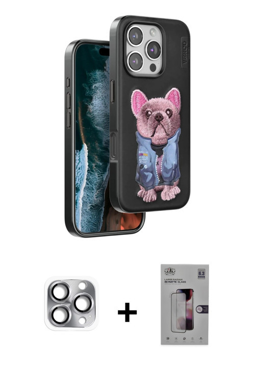 ieg™ iPhone 16 Pro Max Kılıf İz Minimal Koleksiyonu - Siyah Bilvis 3D Mat Cam Ekran Koruyucu + Gri P