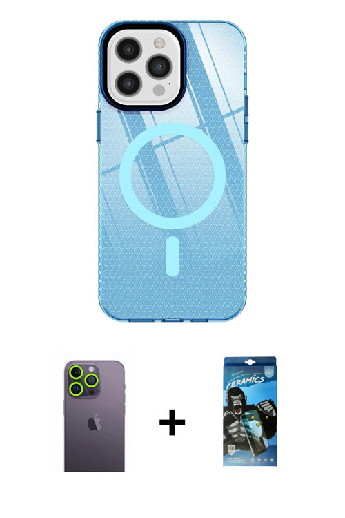ieg™ iPhone 12 Pro Max Kılıf Doruk Prime - Siyah 34D Izgaralı Cam + Yeşil Neon Fosforlu Kamera Lens