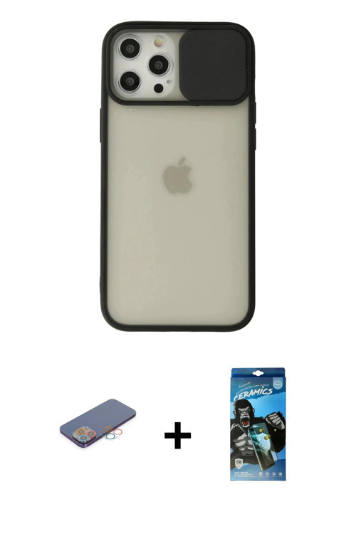 ieg™ iPhone 12 Pro Max Kılıf Vadi Çizgi - Siyah 34D Izgaralı Cam + Pembe Renkli Kamera Lens Koruma C