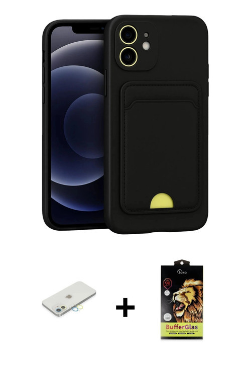 ieg™ iPhone 11 Kılıf Vadi Çizgi Prime - Siyah Buffer Cam Ekran Koruyucu + Sarı Renkli Kamera Lens Ko