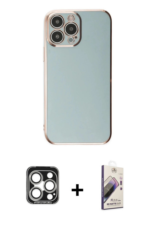 ieg™ iPhone 15 Pro Max Kılıf Yankı Serisi - Siyah Bilvis 3D Mat Cam Ekran Koruyucu + Gümüş PVD Metal