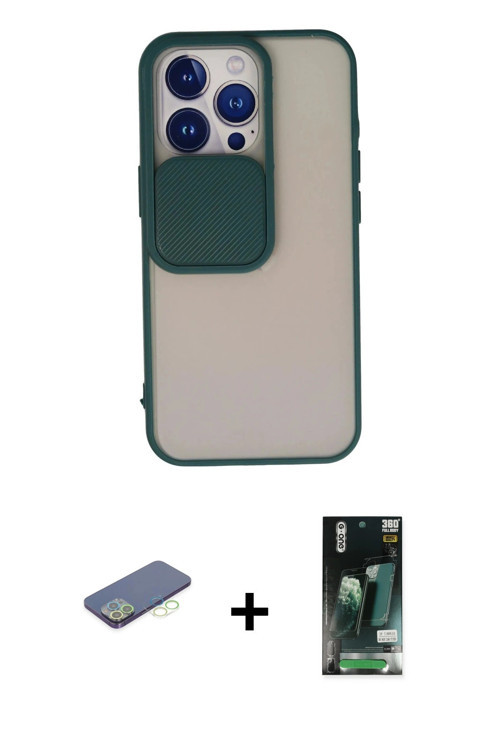 ieg™ iPhone 13 Pro Kılıf Vadi Çizgi - Şeffaf 360 Full Body Arka Koruyucu + Yeşil Renkli Kamera Lens