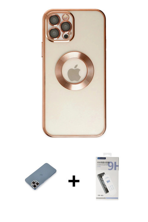 ieg™ iPhone 12 Pro Kılıf Pusula Form - Şeffaf Uv Polymer Nano Ekran Koruyucu + Mor Metal Kamera Lens