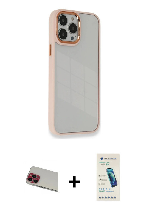 ieg™ iPhone 13 Pro Max Kılıf Eksen Doku Prime - Şeffaf Pasifik Cam Ekran Koruyucu + Kırmızı Rainbow