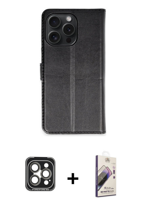 ieg™ iPhone 15 Pro Max Kılıf Siluet Işık Serisi - Siyah Bilvis 3D Mat Cam Ekran Koruyucu + Gri PVD M