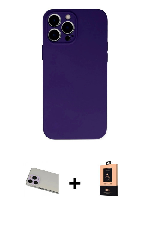 ieg™ iPhone 13 Pro Max Kılıf Ahenk Serisi - Şeffaf Maxco Cam Ekran Koruyucu + Mor Rainbow Kamera Len
