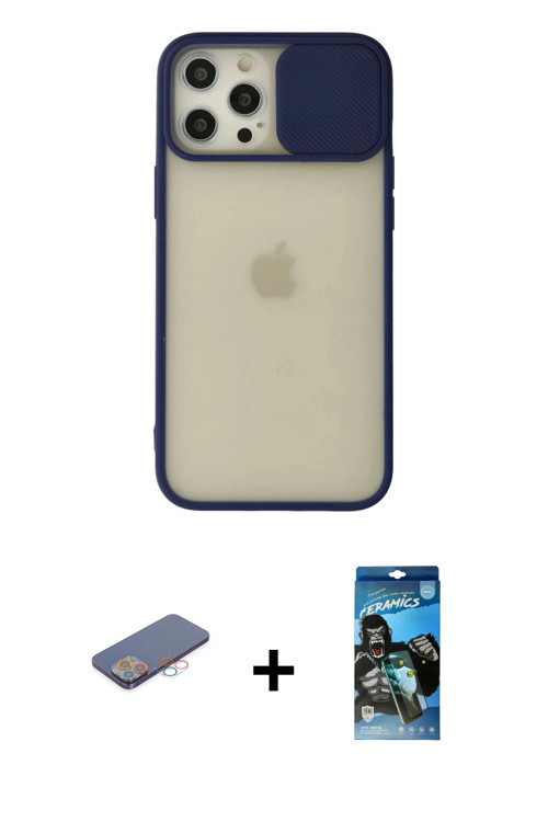 ieg™ iPhone 12 Pro Max Kılıf Vadi Çizgi - Siyah 34D Izgaralı Cam + Pembe Renkli Kamera Lens Koruma C