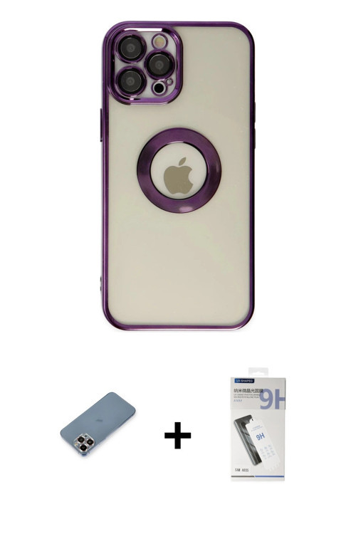 ieg™ iPhone 12 Pro Kılıf Pusula Form - Şeffaf Uv Polymer Nano Ekran Koruyucu + Mor Metal Kamera Lens