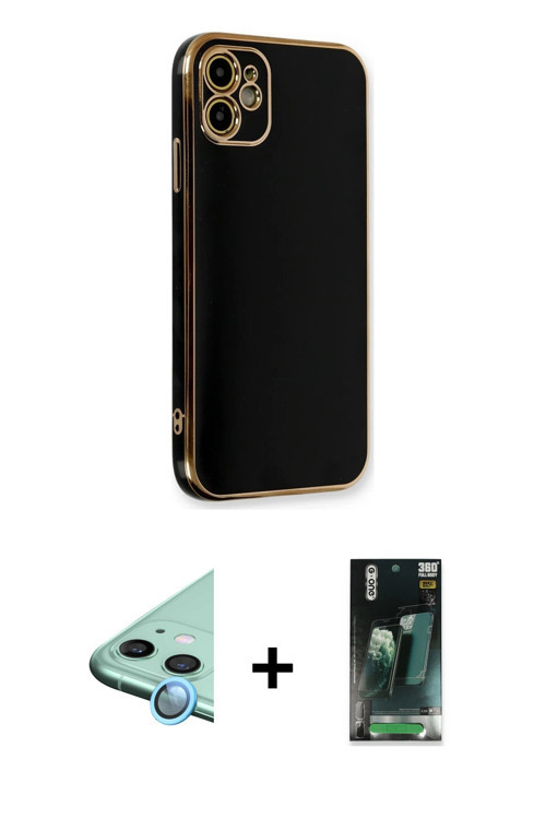 ieg™ iPhone 11 Kılıf Yankı Serisi - Siyah 360 Mat Full Body Arka Koruyucu + Mavi Raze Metal Kamera L