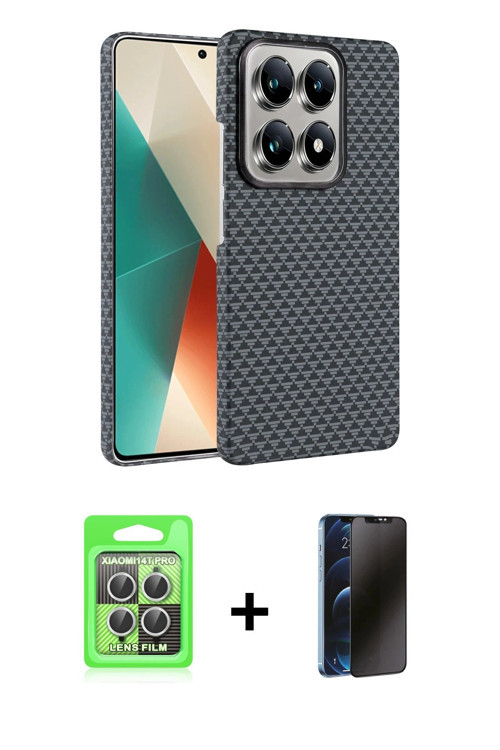 ieg™ Mi 14T Pro Kılıf Doruk Serisi - Siyah 3D Antistatik Hayalet Cam Ekran Koruyucu + Gümüş Raze Met