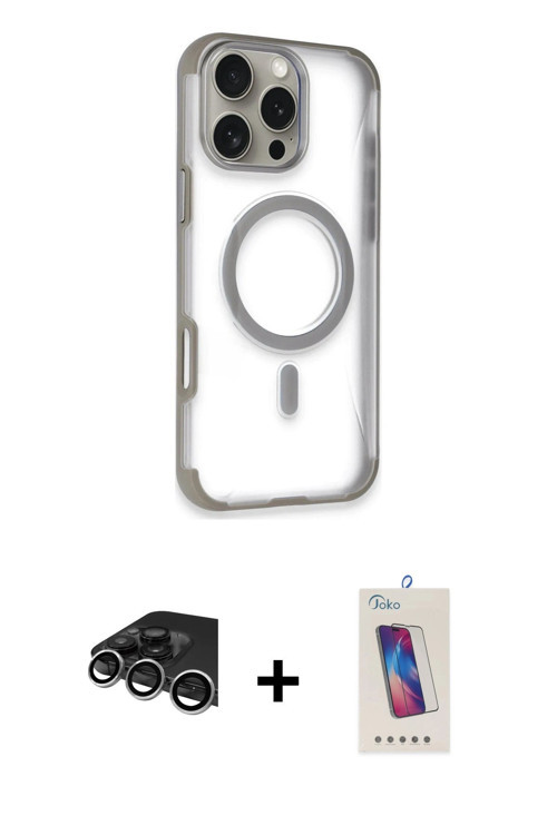ieg™ iPhone 14 Pro Max Kılıf Eksen Klasik Koleksiyonu - Siyah Joko 5D Cam + Gümüş Raze Metal Kamera