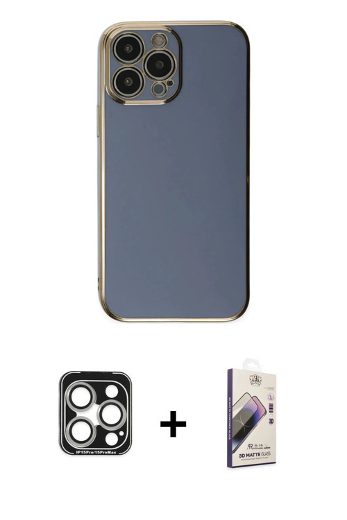 ieg™ iPhone 15 Pro Max Kılıf Yankı Serisi - Siyah Bilvis 3D Mat Cam Ekran Koruyucu + Gümüş PVD Metal