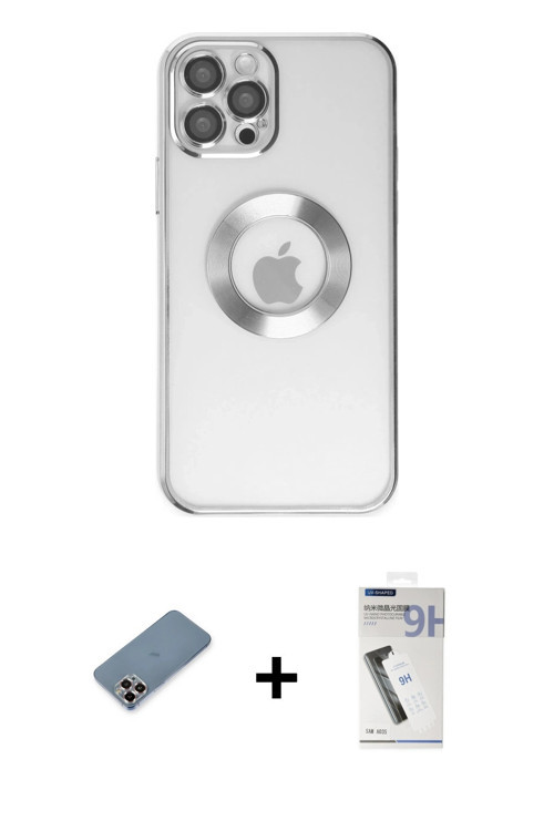 ieg™ iPhone 12 Pro Kılıf Pusula Form - Şeffaf Uv Polymer Nano Ekran Koruyucu + Mor Metal Kamera Lens