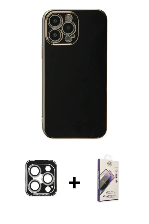 ieg™ iPhone 15 Pro Max Kılıf Yankı Serisi - Siyah Bilvis 3D Mat Cam Ekran Koruyucu + Gümüş PVD Metal