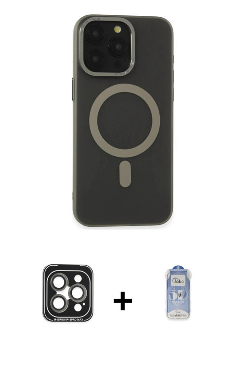 ieg™ iPhone 15 Pro Max Kılıf Yadigar Işık - Siyah Joko Magic 5D Cam + Gri PVD Metal Kamera Lens