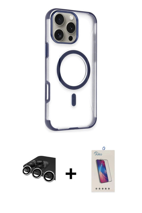ieg™ iPhone 14 Pro Max Kılıf Eksen Klasik Koleksiyonu - Siyah Joko 5D Cam + Gümüş Raze Metal Kamera