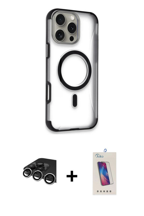ieg™ iPhone 14 Pro Max Kılıf Eksen Klasik Koleksiyonu - Siyah Joko 5D Cam + Gümüş Raze Metal Kamera