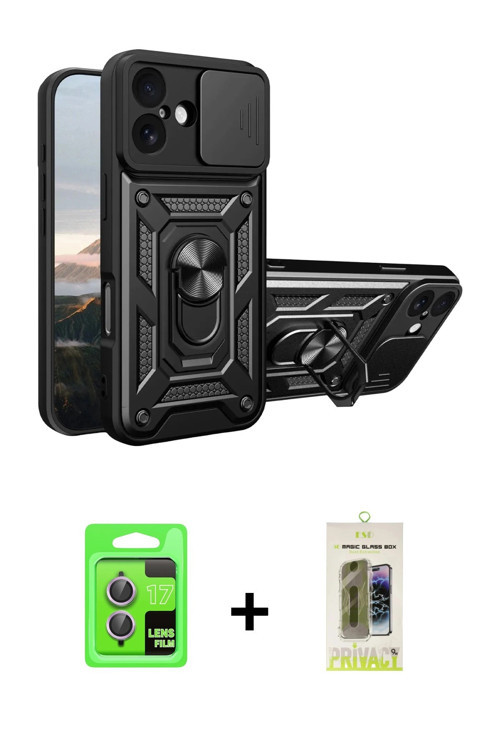 ieg™ iPhone 17 Kılıf Ahenk Klasik - Siyah Joko Magic 5D Hayalet Cam + Açık Mor Raze Metal Kamera Len