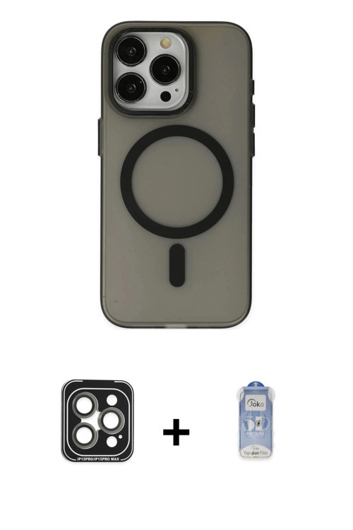 ieg™ iPhone 15 Pro Max Kılıf Yadigar Işık - Siyah Joko Magic 5D Cam + Gri PVD Metal Kamera Lens