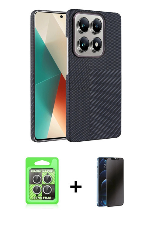ieg™ Mi 14T Pro Kılıf Doruk Serisi - Siyah 3D Antistatik Hayalet Cam Ekran Koruyucu + Gümüş Raze Met