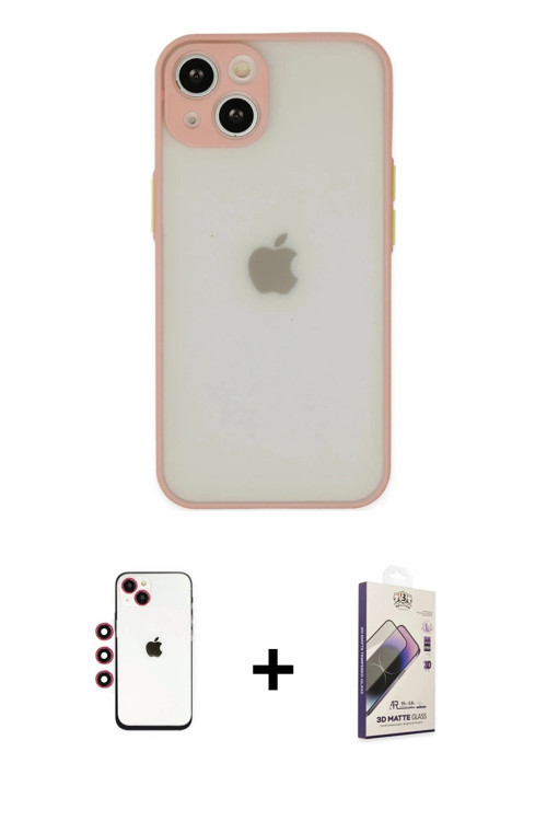 ieg™ iPhone 14 Kılıf Ahenk Çizgi Serisi - Siyah Bilvis 3D Mat Cam Ekran Koruyucu + Kırmızı Shine Kam