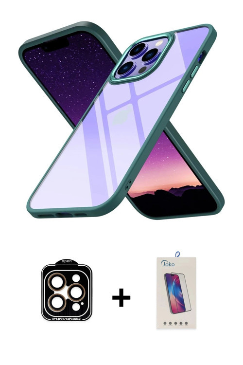 ieg™ iPhone 14 Pro Max Kılıf Nova Işık Serisi - Siyah Joko 5D Cam + Turuncu PVD Metal Kamera Lens