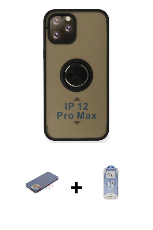 ieg™ iPhone 12 Pro Max Kılıf Yörünge Çizgi - Siyah Joko Magic 5D Cam + Pembe Renkli Kamera Lens Koru