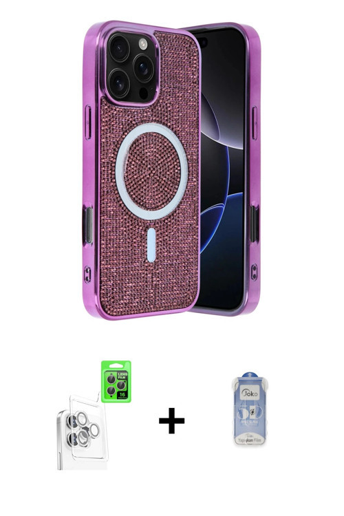 ieg™ iPhone 16 Pro Max Kılıf Eksen Çizgi - Siyah Joko Magic 5D Cam + Beyaz Raze Metal Kamera Lens
