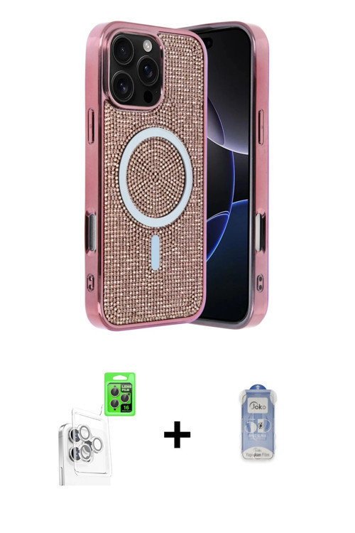 ieg™ iPhone 16 Pro Max Kılıf Eksen Çizgi - Siyah Joko Magic 5D Cam + Beyaz Raze Metal Kamera Lens